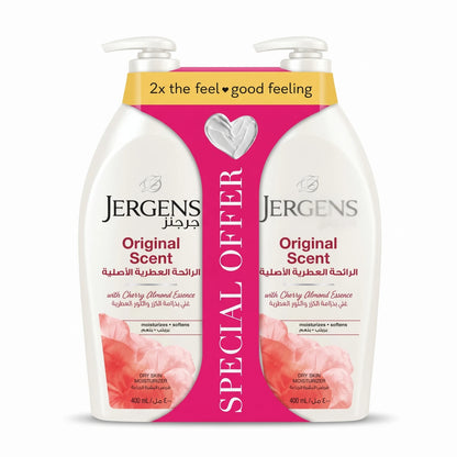 JERGENS Original Scent Body Moisturizer – 400 mL x 2 | Cherry Almond Essence | Dry Skin Moisturizer That Moisturizes and Softens
