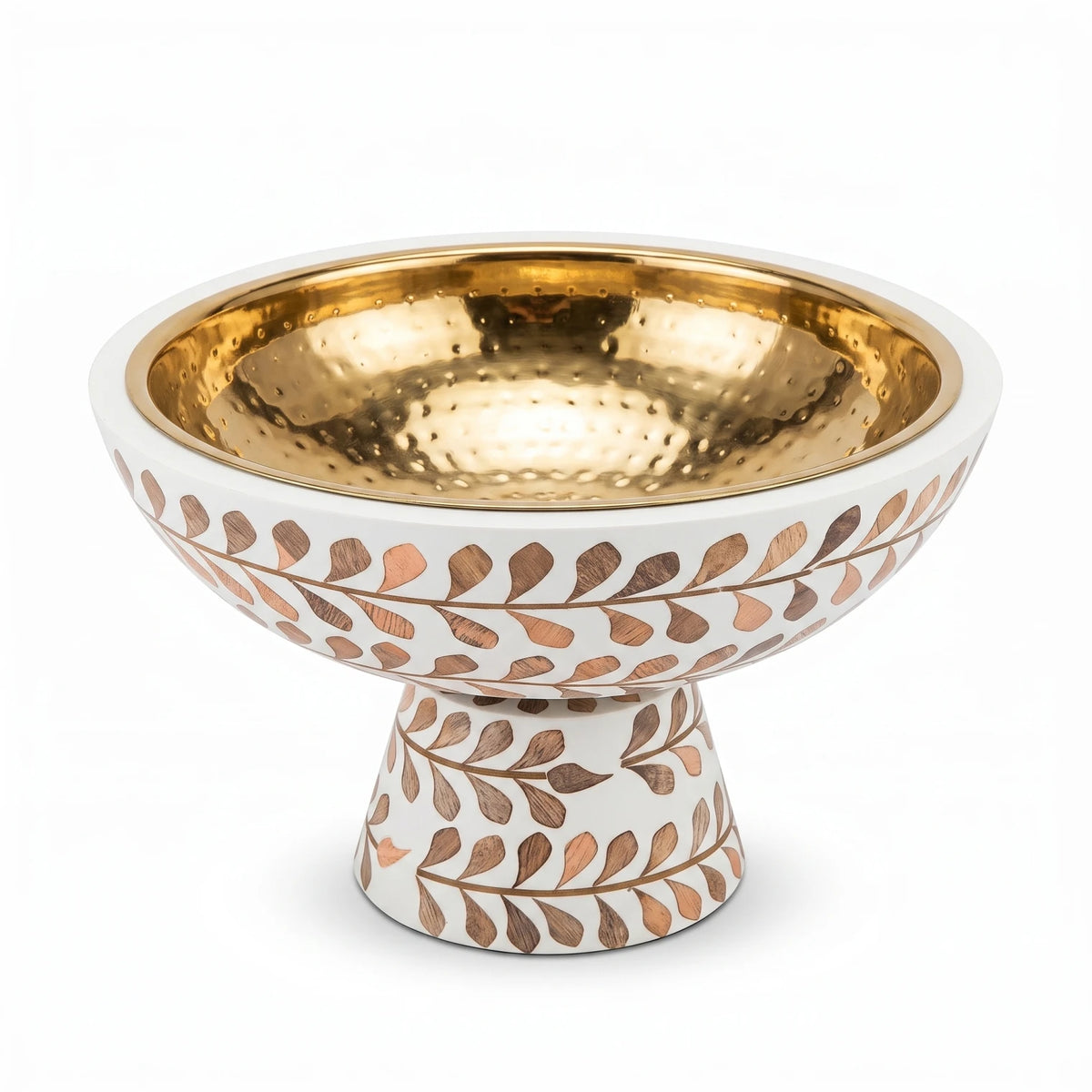 Decorative Footed Bowl Large – White and Gold with Hammered Metallic Gold Interior, Botanical Leaf Detail, 19 × 30 cm