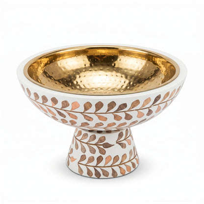Decorative Footed Bowl Large – White and Gold with Hammered Metallic Gold Interior, Botanical Leaf Detail, 19 × 30 cm