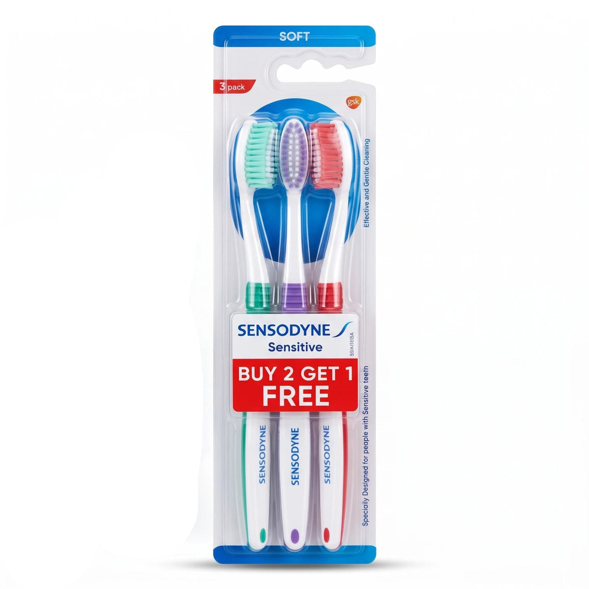 Sensodyne Sensitive Soft Toothbrushes – 3 pices | Gentle Cleaning | Green, Purple and Red