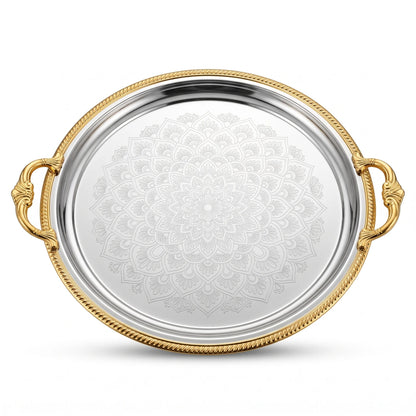 M.E.W Round Stainless Steel Serving Tray – Large & Extra Large | Mandala Floral Pattern | Decorative Handles | Silver, Gold & Silver - Gold - Silver - Gold / Large - Image 1
