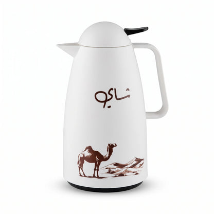 Crystal House White Vacuum Flask 1 Litre – Camel Desert Artwork, Pink Glass Interior, Leak-Proof Tea and Coffee Thermos