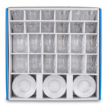 Happy ware 36 Pieces Tea and Coffee Set – 12 Glass Tea Cups, 12 Arabic Coffee Cups & 12 Glass Saucers
