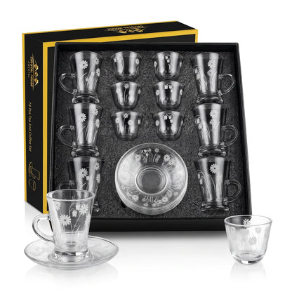 LITAIRE Crystal House 18-Piece Glass Tea & Arabic Coffee Set – 6 Tea Cups, 6 Saucers, 6 Coffee Cups with Floral Design and Presentation Box