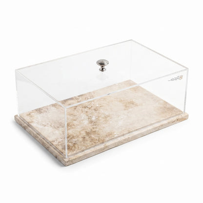 Natural Travertine Marble Stand with Acrylic Top – 13 x 20 x 30 cm | Clear Covered Serving Tray with Silver Knob