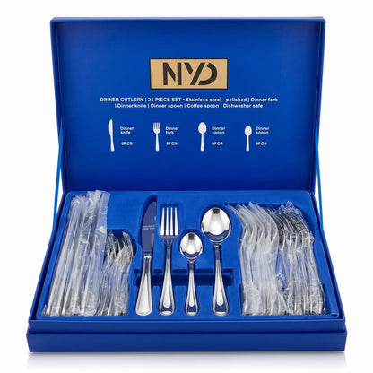 NYP DINNER CUTLERY 24-PIECE SET – Polished Stainless Steel Flatware with Dinner Knives, Forks, Dinner Spoons and Coffee Spoons