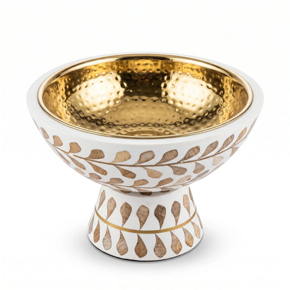 Decorative Footed Bowl – White and Gold with Hammered Metallic Gold Interior | 15 x 24 x 24 cm