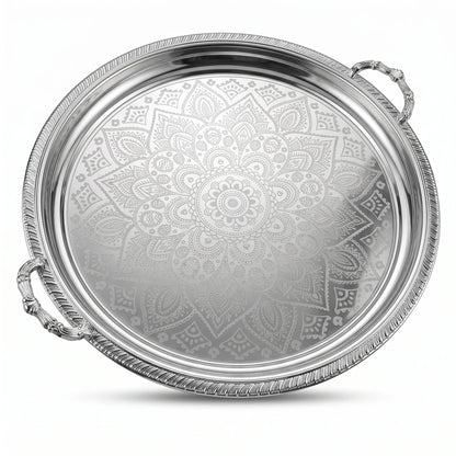 M.E.W Round Stainless Steel Serving Tray – Large & Extra Large | Mandala Floral Pattern | Decorative Handles | Silver, Gold & Silver - Gold - Silver / Extra Large - Image 1