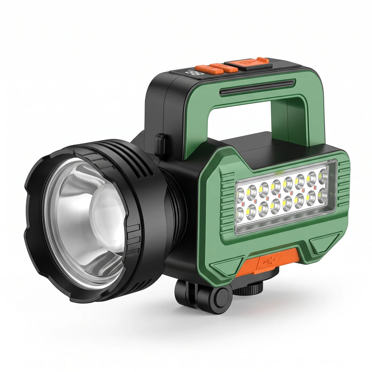 Haoerliang Multifunctional Portable Searchlight HEL-580 – LED Flashlight Torch | Telescopic Focusing | 23 cm Long | Black, Green & Orange