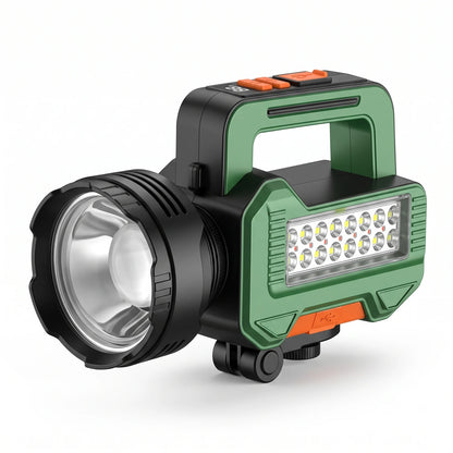 Haoerliang Multifunctional Portable Searchlight HEL-580 – LED Flashlight Torch | Telescopic Focusing | 23 cm Long | Black, Green & Orange