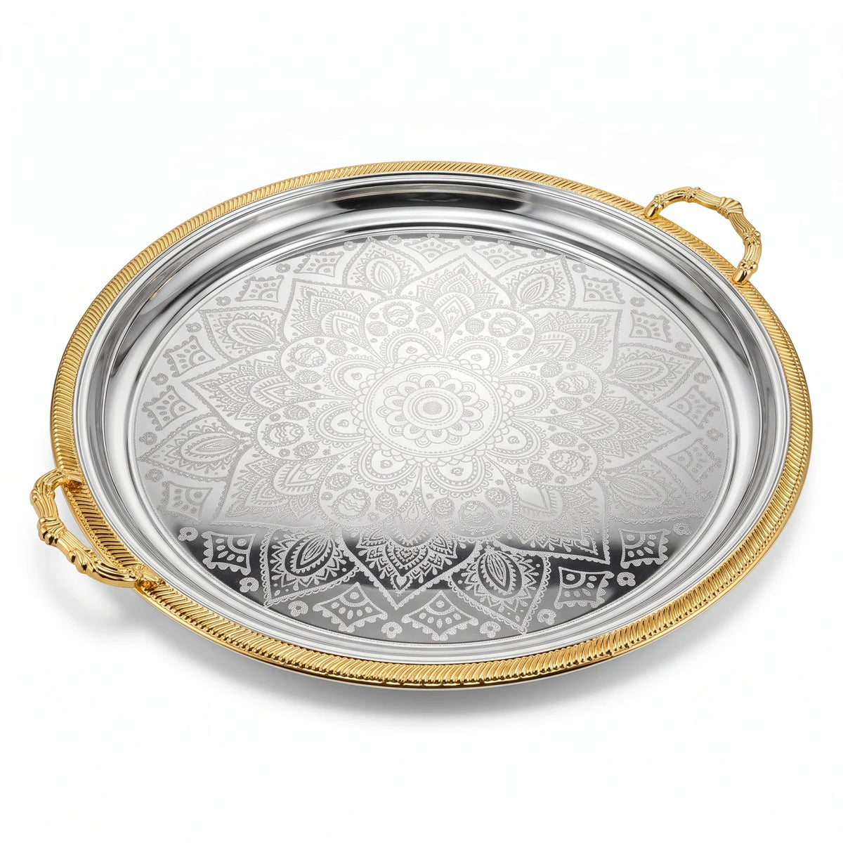 M.E.W Round Stainless Steel Serving Tray – Large & Extra Large | Mandala Floral Pattern | Decorative Handles | Silver, Gold & Silver - Gold - Silver - Gold / Extra Large - Image 1