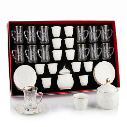 Rose tea & gahwa complete set – Glass Tea Cups, Porcelain Arabic Coffee Cups, Saucers, Lidded Candy Jar & Presentation Box