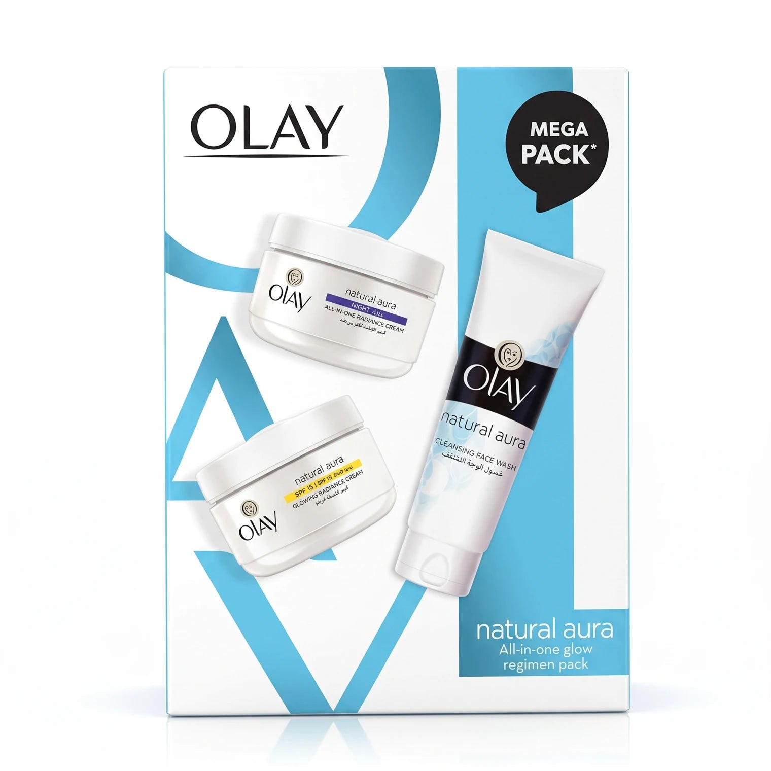 OLAY natural aura All-in-One Glow Regimen Mega Pack – Night Cream, SPF 15 Cream & Cleansing Face Wash