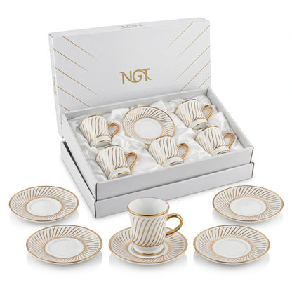 NGT Fine Porcelain Cups and Saucers Set – 12 Pieces | White Tea Coffee Cups with Gold-Colored Accents