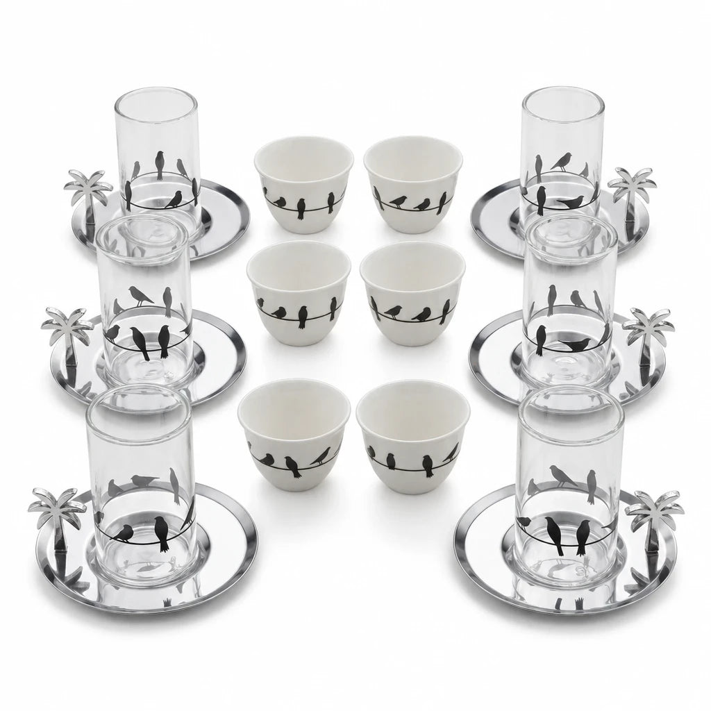 Fashion Home Elegant 18-Piece Tea & Coffee Set with Double-Wall Glass Cups, Metallic Saucers, Bird Pattern Cups & Palm Tree Ornaments