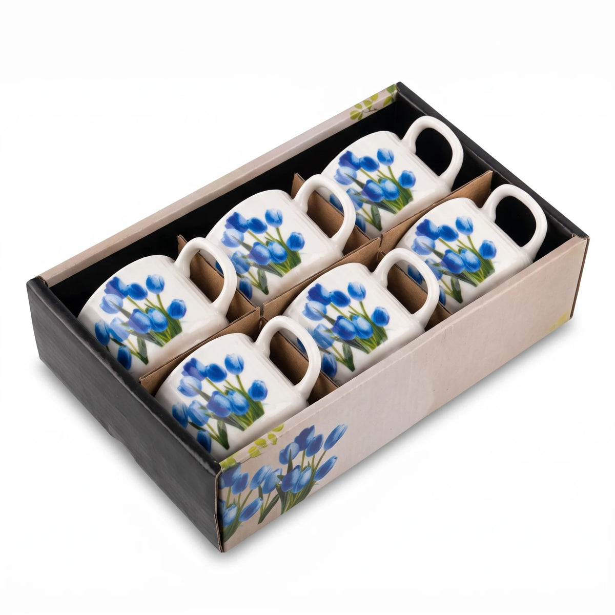 6 Pieces Porcelain Coffee Cup Set – Blue Floral Design | Matching Loop Handles and Protective Tray Packaging