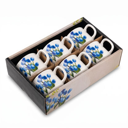 6 Pieces Porcelain Coffee Cup Set – Blue Floral Design | Matching Loop Handles and Protective Tray Packaging