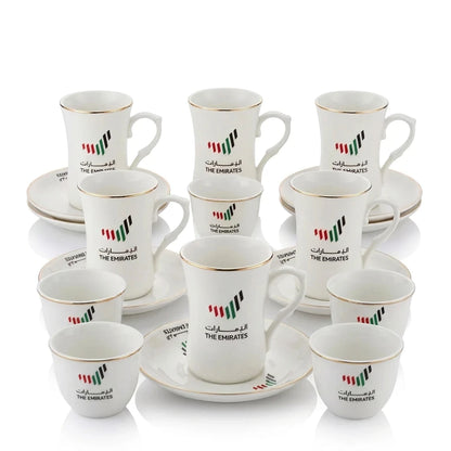 THE EMIRATES UAE National 18-Piece Fine Porcelain Tea and Coffee Set | 6 Tea Cups, 6 Saucers, 6 Arabic Coffee Cups, Gift Box