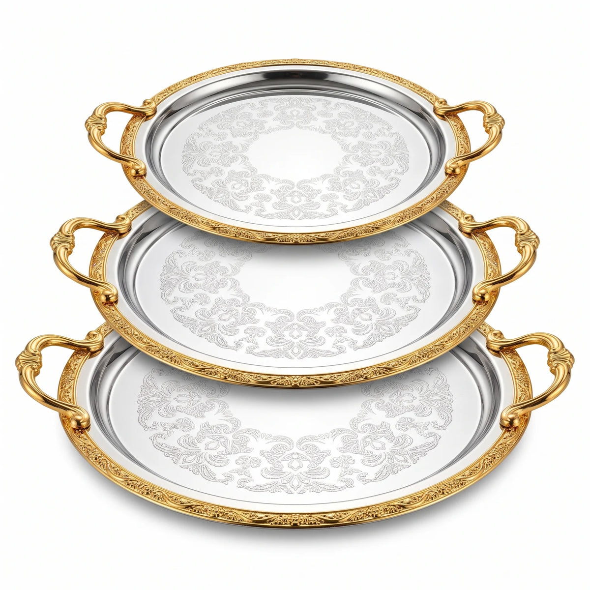 Ripple 3-Piece Luxury Metal Serving Tray Set – Ornate Handles, Floral Pattern Centers, Decorative Raised Rims, Small to Large Sizes - Gold - Silver - Image 1