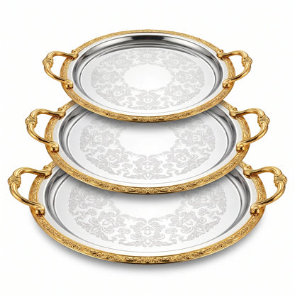 Ripple 3-Piece Luxury Metal Serving Tray Set – Ornate Handles, Floral Pattern Centers, Decorative Raised Rims, Small to Large Sizes - Gold - Silver - Image 1