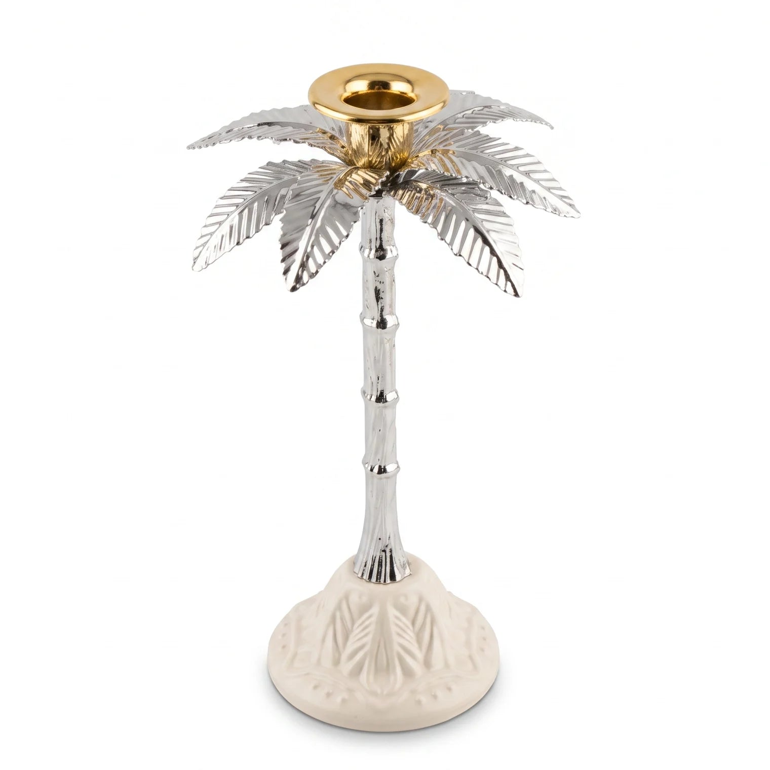 Metal Silver Palm Tree Candle Holder – 23cm Decorative Design with Detailed Leaves and Off-White Base