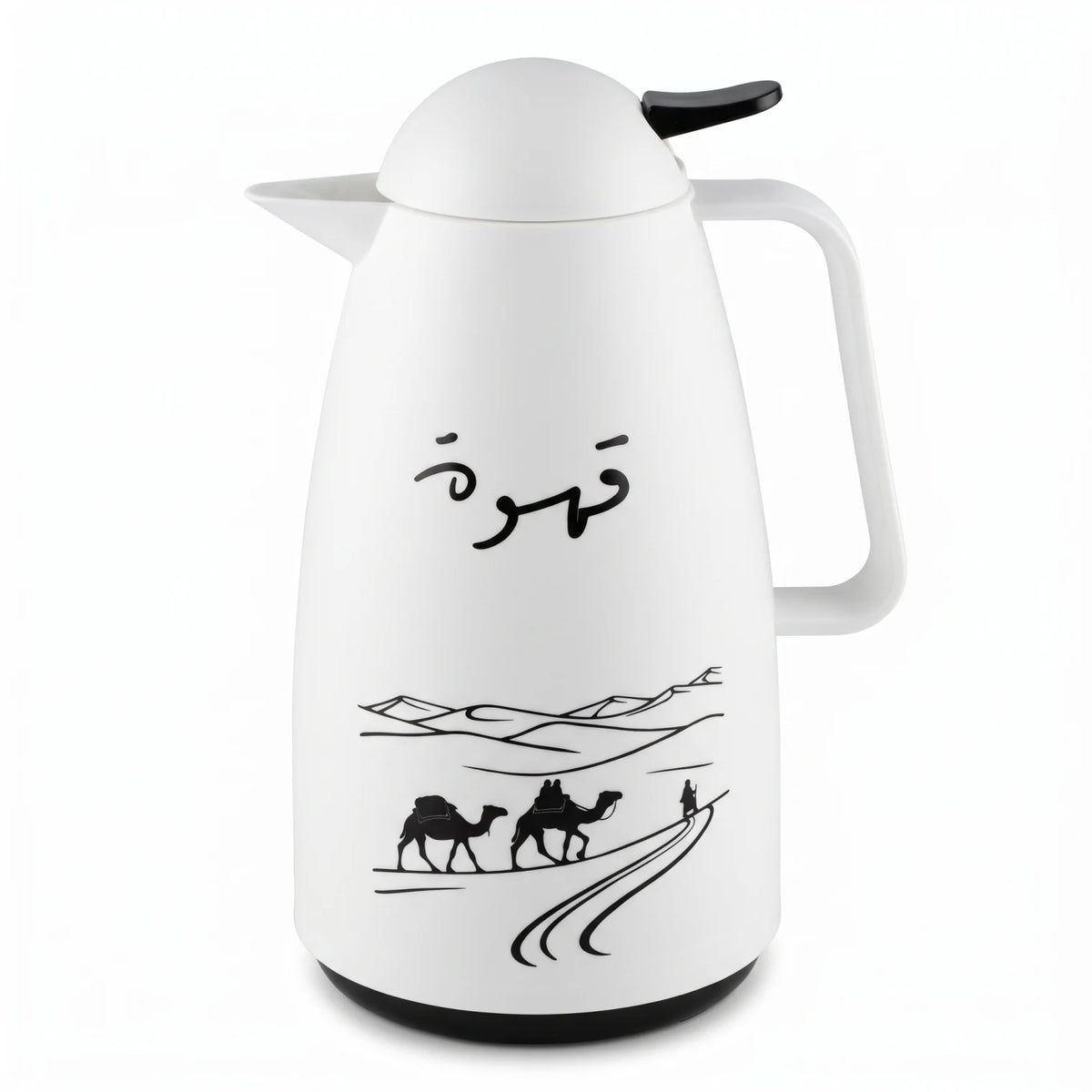 Crystal House White Vaccum Flask 1 Liter – Qahwa Camel Caravan Design | Plastic Body, Pink Glass Interior, Leak-Proof Tea & Coffee Flask