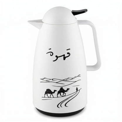 Crystal House White Vaccum Flask 1 Liter – Qahwa Camel Caravan Design | Plastic Body, Pink Glass Interior, Leak-Proof Tea & Coffee Flask