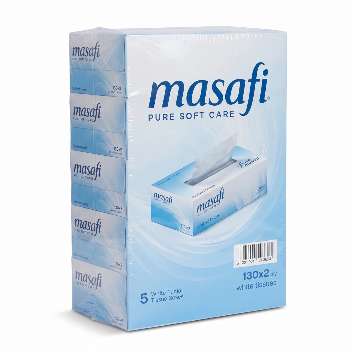 masafi PURE SOFT CARE Facial Tissue Boxes – 5-Pack, White 2-Ply Tissues, 130 x 2 ply, Sterilized Tissues for Everyday Use
