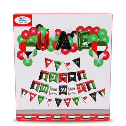UAE national day baloon set – Red, Green, Black & White Balloons with UAE Letter Balloons and Flag Bunting