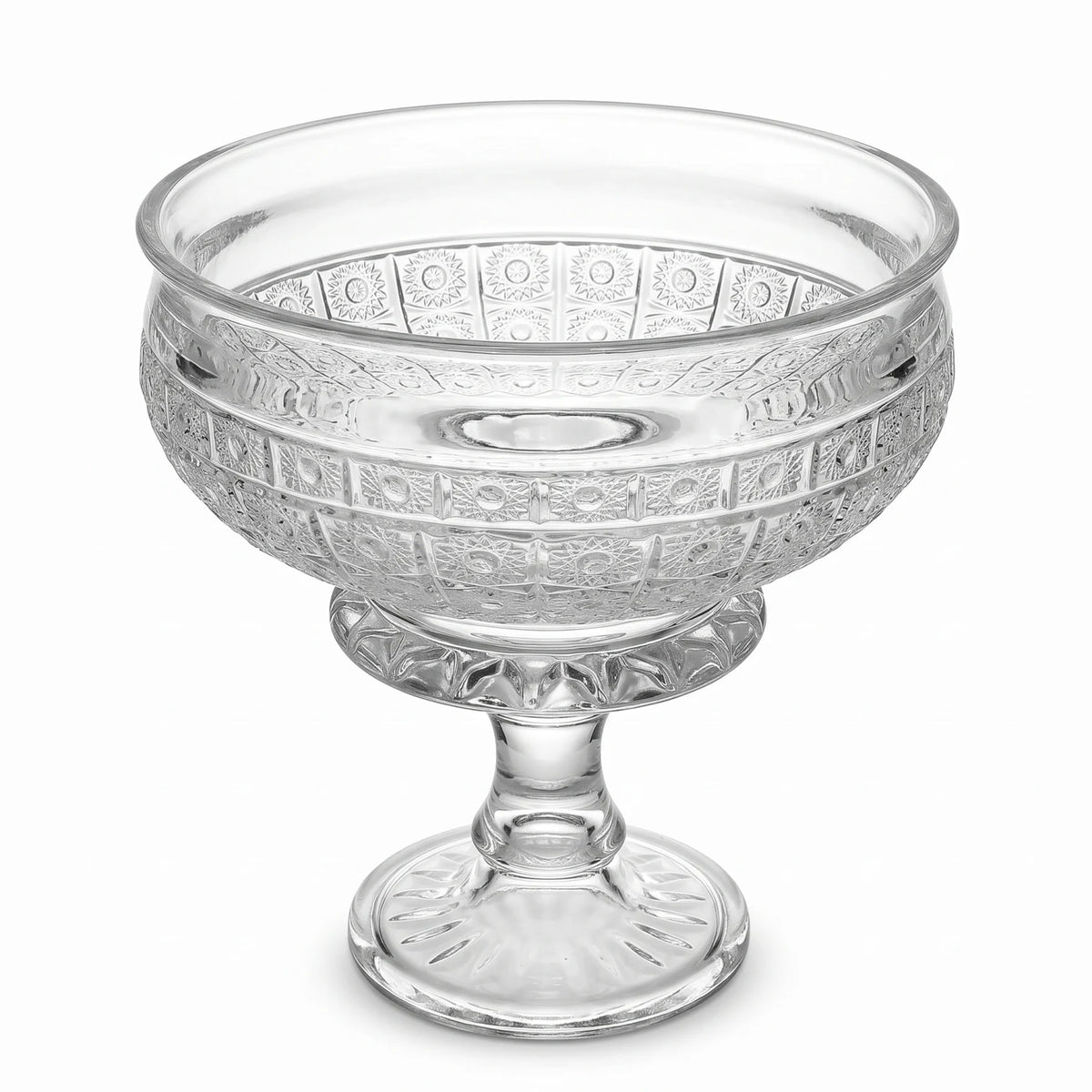 Decorative Glass Footed Serving Bowl – 26cm x 27cm | Geometric Texture | Ribbed Pedestal Base