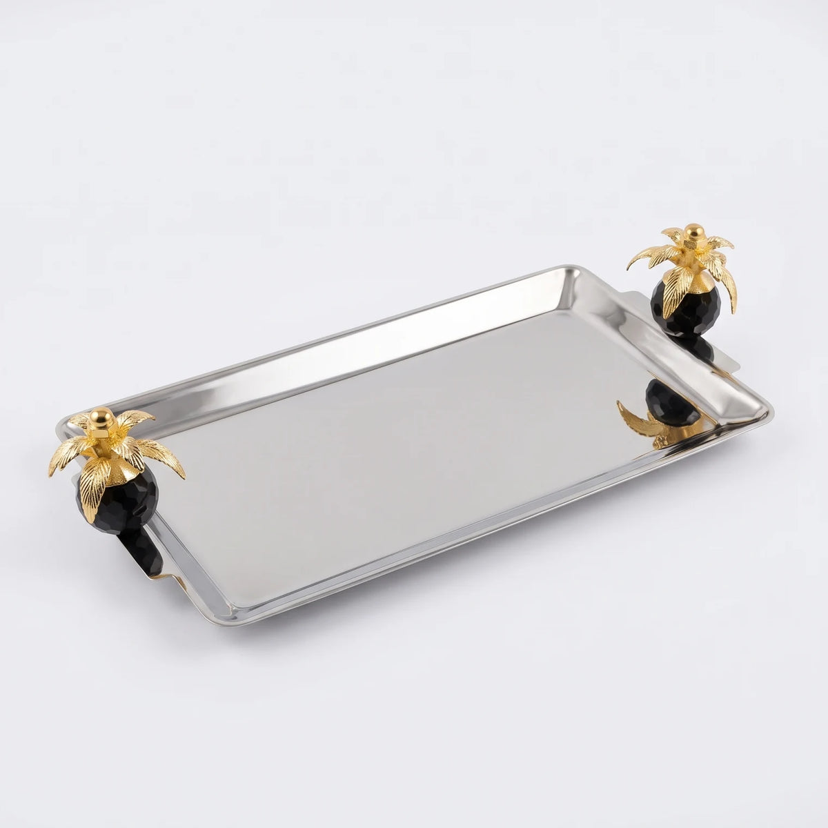 Luxury Sleek Metal Rectangular Decorative Tray – 42 x 20 x 9 cm | Polished Silver Finish with Gold Floral Handles