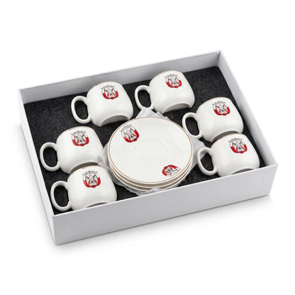 Abu Dhabi National Symbol 12-Piece Fine Porcelain Coffee Set – 6 Cups and 6 Saucers | White, Red, Black and Gold Emblem Design, Boxed Drinkware Set