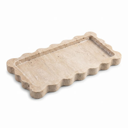 Rectangular Travertine Stone Scalloped Tray – 24 x 12 x 2 cm | Raised Rim | Light Beige Decorative Serving Tray