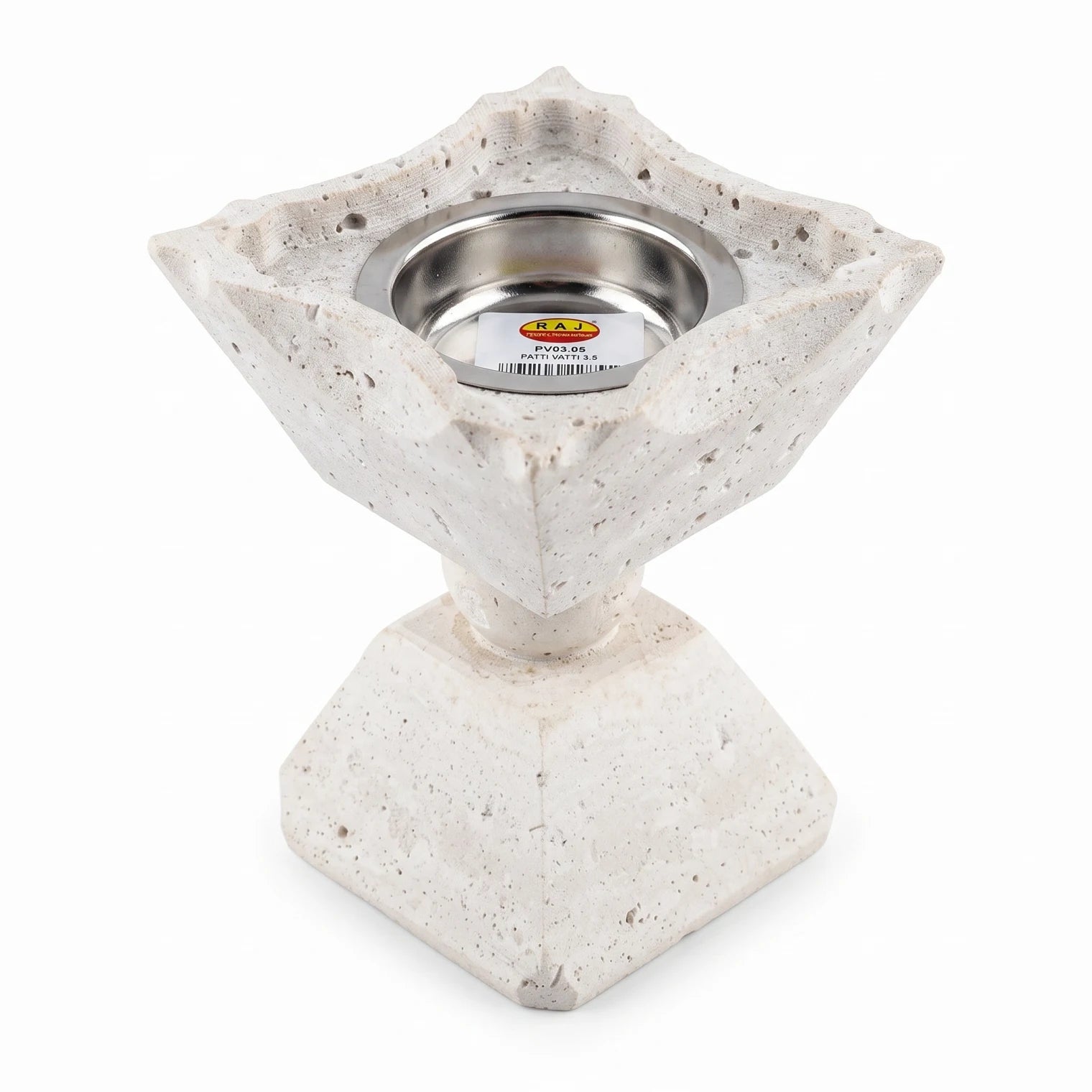 Natural Travertine Stone Madkhan – 13cm | White Textured Body | Silver Recessed Bowl | Stepped Decorative Incense Holder