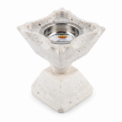 Natural Travertine Stone Madkhan – 13cm | White Textured Body | Silver Recessed Bowl | Stepped Decorative Incense Holder