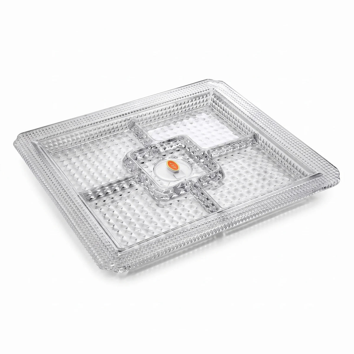 Premium Square 5-Section Glass Serving Tray – 3 cm x 30 cm x 36 cm | Textured Diamond Pattern for Nuts, Desserts & Dry Fruits
