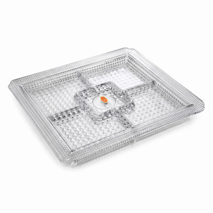 Premium Square 5-Section Glass Serving Tray – 3 cm x 30 cm x 36 cm | Textured Diamond Pattern for Nuts, Desserts & Dry Fruits