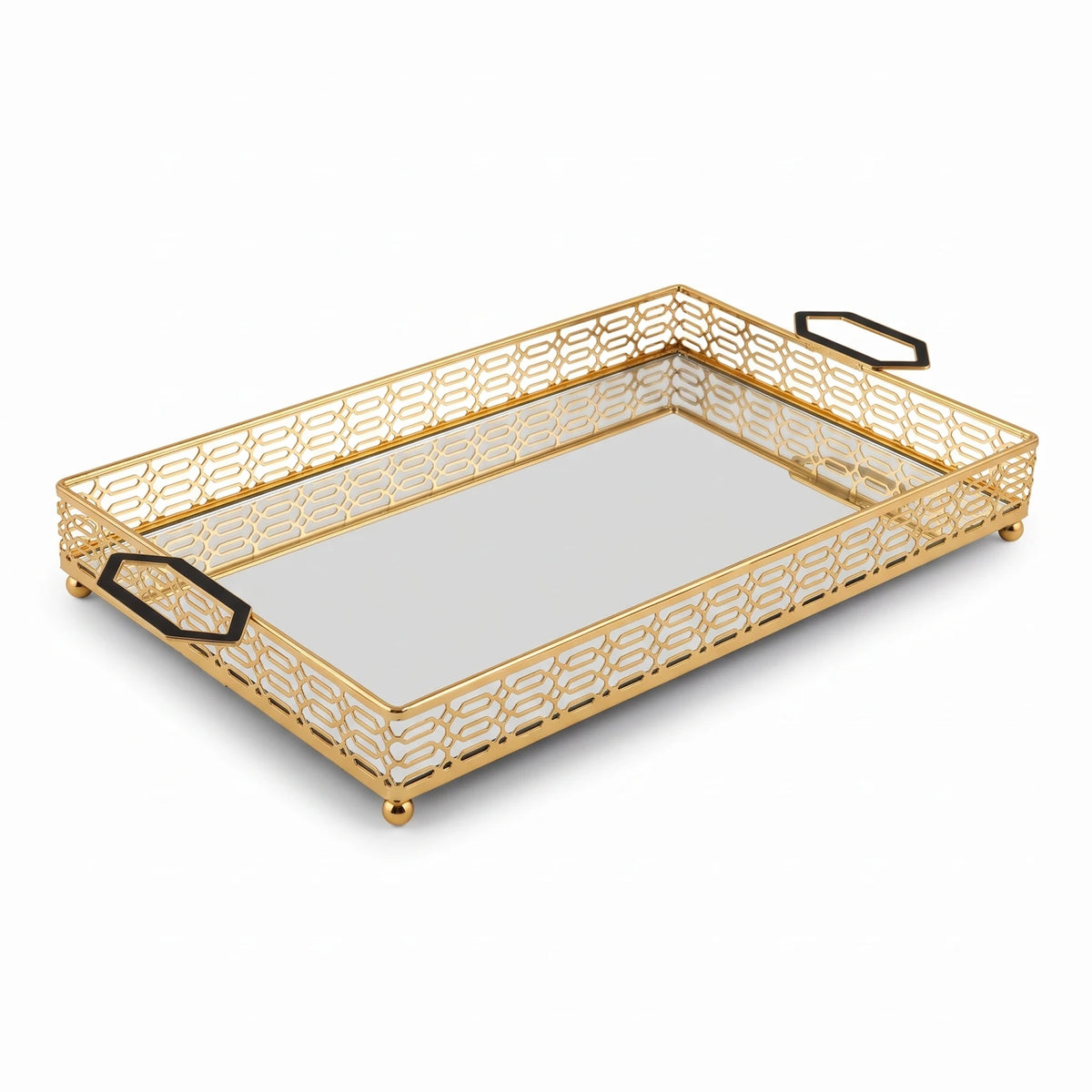 PALERMO Gold-Trimmed Rectangular Decorative Serving Tray – Mirrored Glass Base, Cutout Metal Handles, Raised Edges, 53 x 28 x 6 cm