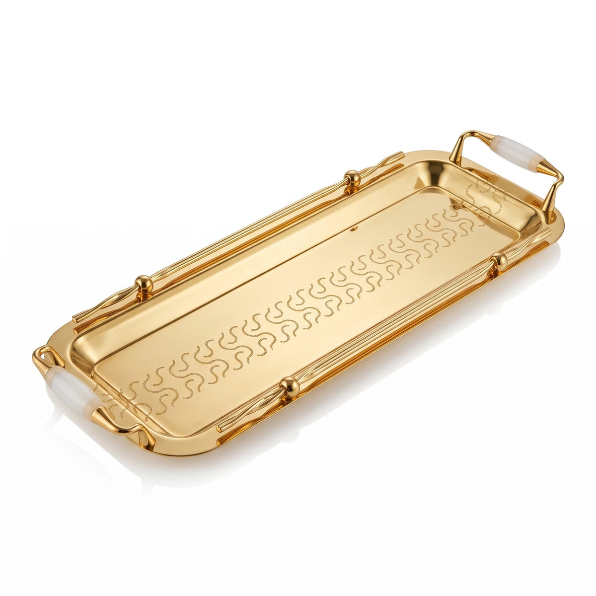 Ansa Luxury Rectangular Stainless Steel Serving Tray 61 x 19 x 5 cm – Engraved Pattern, Decorative Handles, Silver - White or Gold - White - Gold - White - Image 1