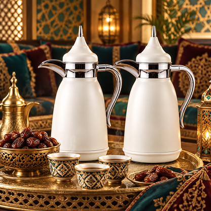 Najib 2-Piece White Silver premium Vacuum Flask Set – 1.0 + 1.0 Liters | Arabic Design | Leak Proof | Keeps Hot and Cold
