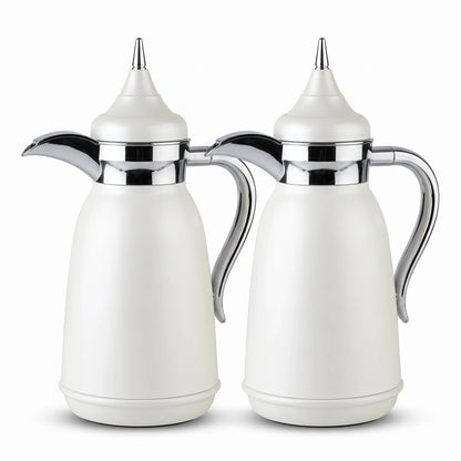 Najib 2-Piece White Silver premium Vacuum Flask Set – 1.0 + 1.0 Liters | Arabic Design | Leak Proof | Keeps Hot and Cold