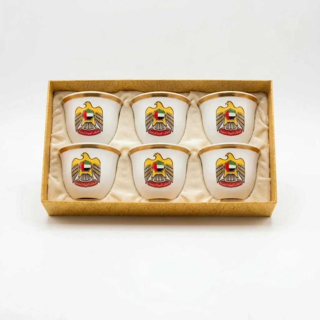 UAE national symbol 6 pieces large Arabic coffee cups set – Fine Porcelain | Gold Trim, UAE Emblems and Matching Saucers