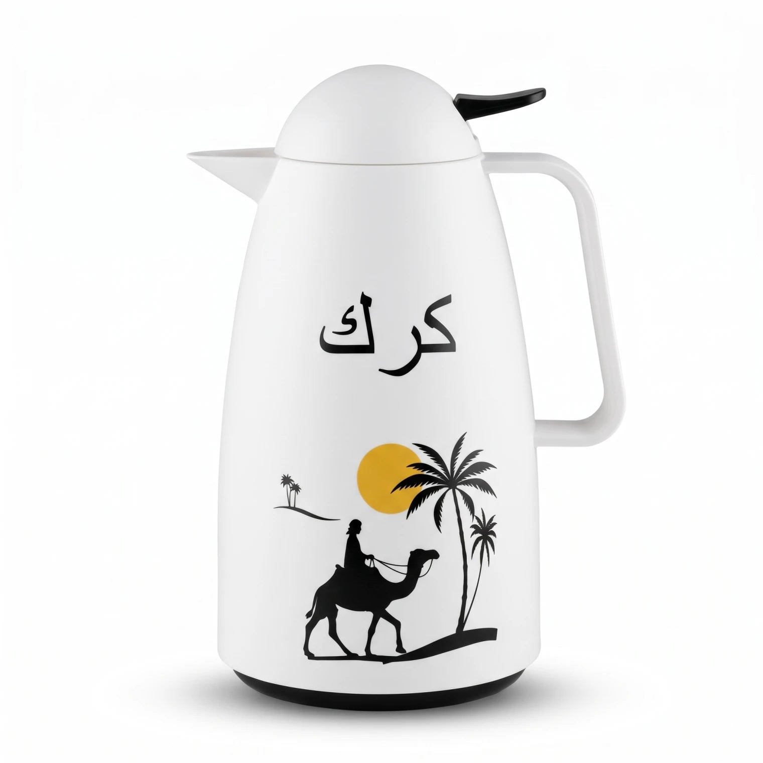 Crystal House white vaccum flask 1 Liter – Pink glass interior, leak proof, 12-hour hot and cold, Karak camel artwork