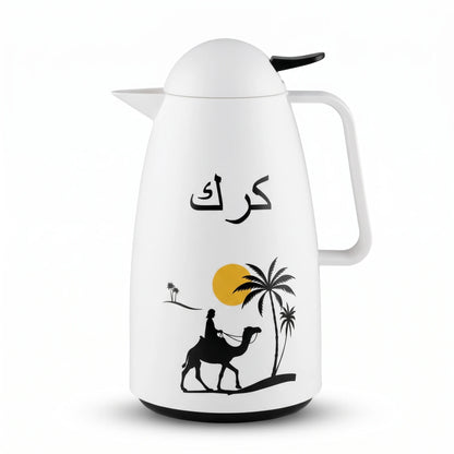 Crystal House white vaccum flask 1 Liter – Pink glass interior, leak proof, 12-hour hot and cold, Karak camel artwork