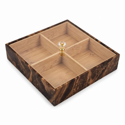 4-Compartment Divivded MDF Snack Fruit Serving Box – 20 x 20 x 8 cm | Clear Lid | Crystal Knob | Snack and Fruit Storage