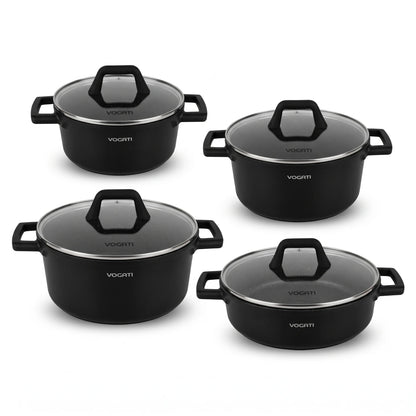 VOGATI FLORENCE SERIES 8PCS Titanium Granite Coating Non-Stick Induction Cookware Set, Black | 20/24/28cm Casseroles and 28cm Shallow Casserole