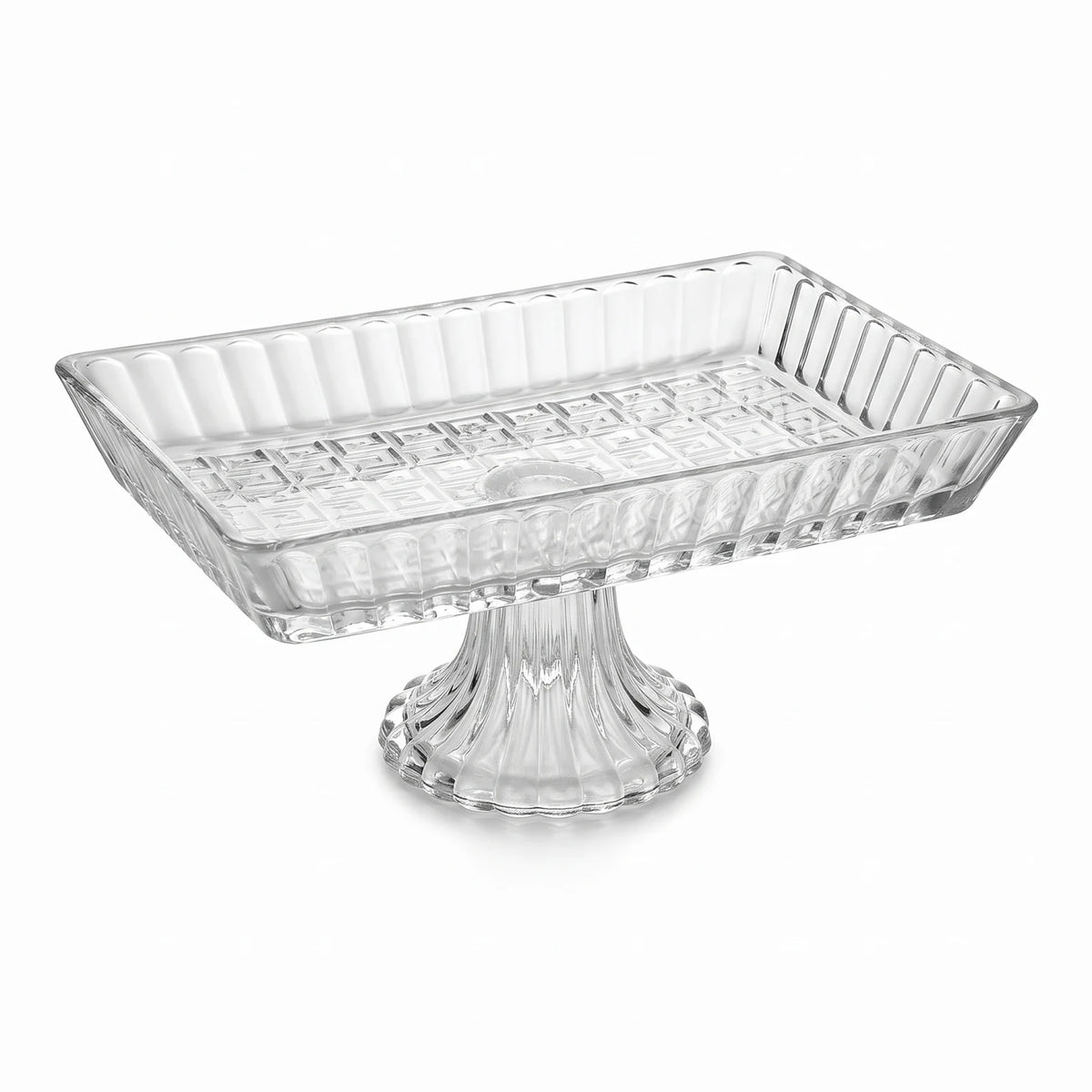 Rectangular Glass Pedestal Serving Stand 20 x 13 x 9 cm – Fluted Rim, Geometric Texture, Fruit, Nut & Dessert Display