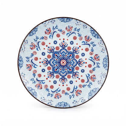 26 CM Ceramic Dinner Plate – Blue and Red Floral Pattern with Central Medallion and Decorative Brown Rim