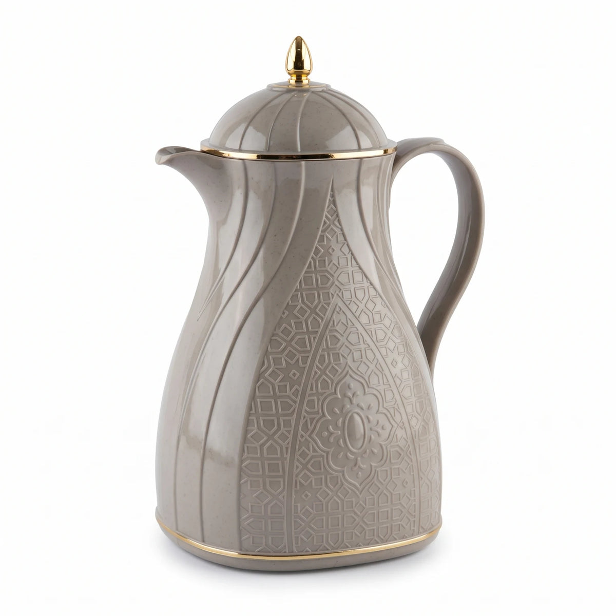 Rose Warm Grey Vacuum Flask 1.3L with Arabic Geometric Design, Gold-Tone Accents, Leak-Proof Tea and Coffee Flask