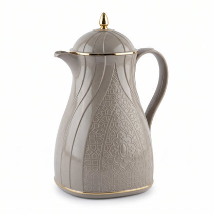 Rose Warm Grey Vacuum Flask 1.3L with Arabic Geometric Design, Gold-Tone Accents, Leak-Proof Tea and Coffee Flask